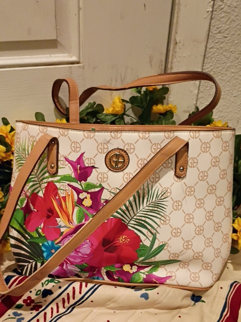 Floral Printed Tote Bag with Tan Trim
